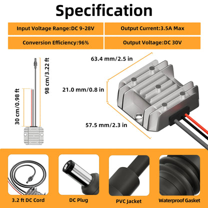 Starlink Mini 12VDC power supply step-up kit with DC plug, converts to 30V at 3.5A for reliable power solutions.