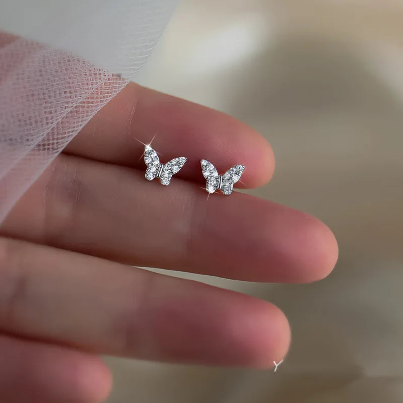 Silver butterfly stud earrings for women, delicate jewelry by ANENJERY, perfect gift for girls, wholesale butterfly earrings for women