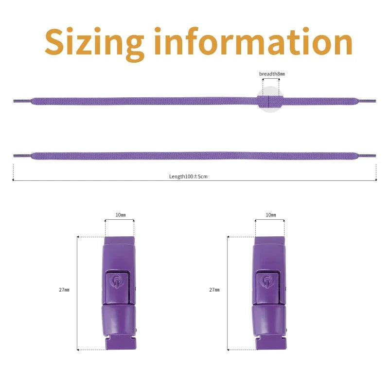 Elastic locking no-tie shoelaces for kids and adults, flat 8mm widened laces for running shoes and sneakers.