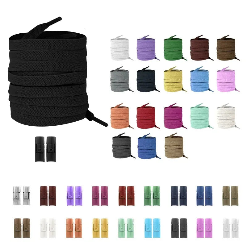 Elastic locking no-tie shoelaces for kids and adults, flat 8mm widened design for running shoes and sneakers.