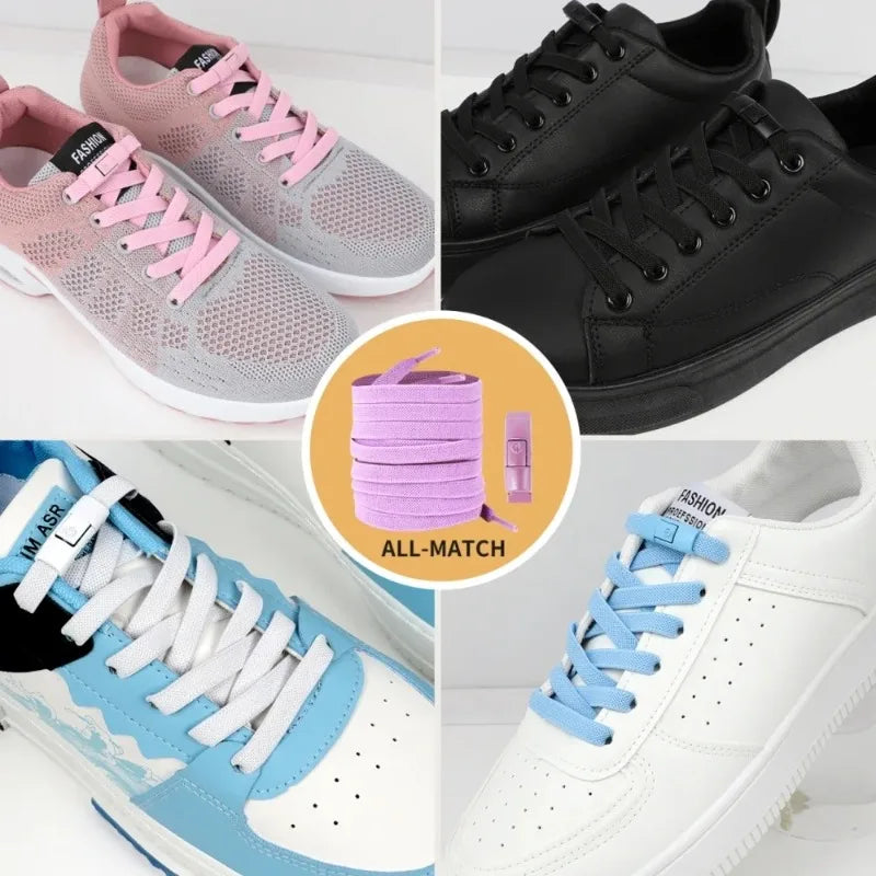 Elastic locking shoelaces for kids and adults, flat no-tie design, suitable for running shoes and sneakers, 8mm widened fit.