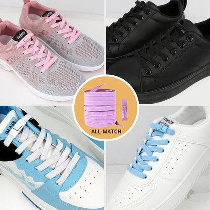 Elastic locking shoelaces for kids and adults, flat no-tie design, suitable for running shoes and sneakers, 8mm widened fit.