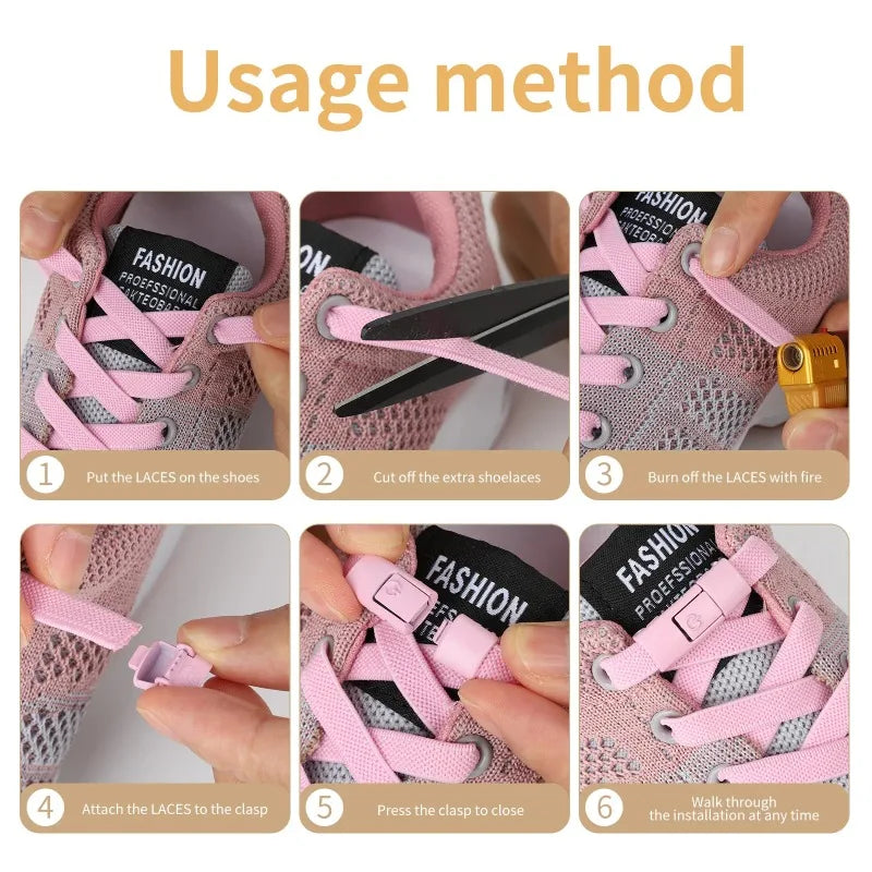 Elastic locking shoelaces for kids and adults, flat no-tie design, suitable for running shoes and sneakers, 8mm widened for comfort.