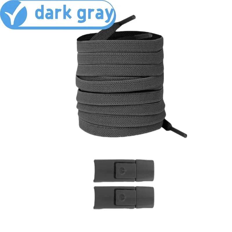 Elastic locking shoelaces for kids and adults, flat no-tie design, 8mm widened, suitable for running shoes and sneakers.