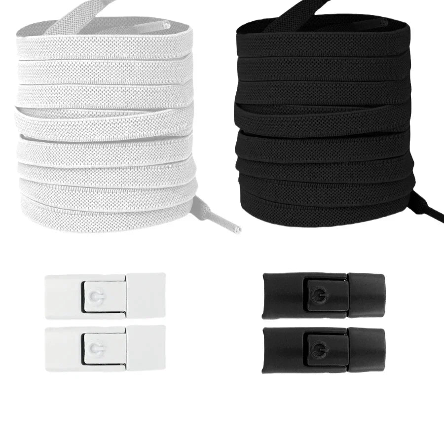 Elastic locking no-tie shoelaces for kids and adults, flat 8mm wide laces for running shoes and sneakers, easy to secure.