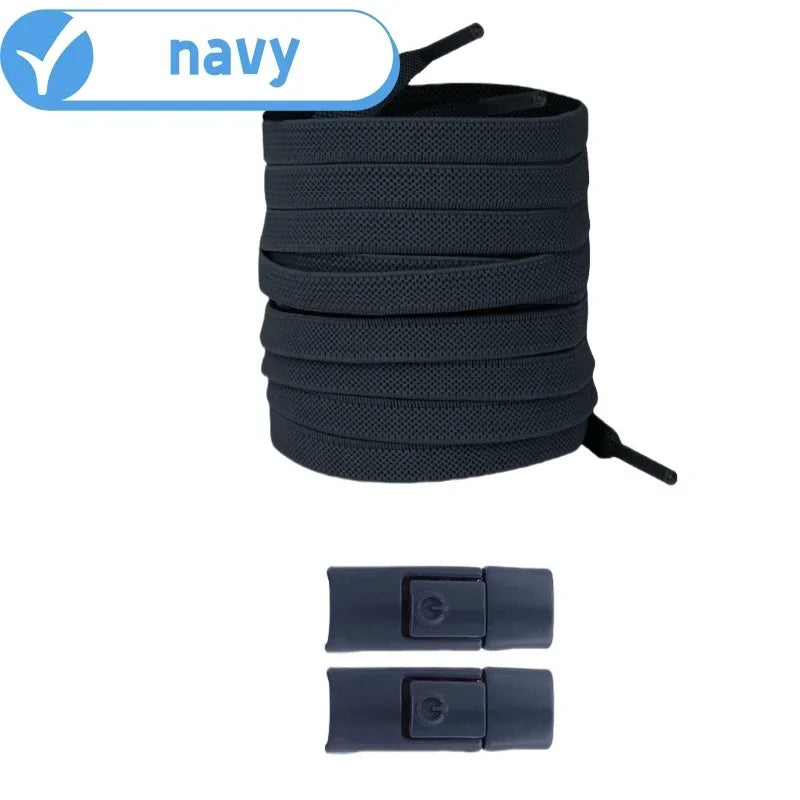 Elastic locking no-tie shoelaces for kids and adults, flat 8mm widened design for running shoes and sneakers.