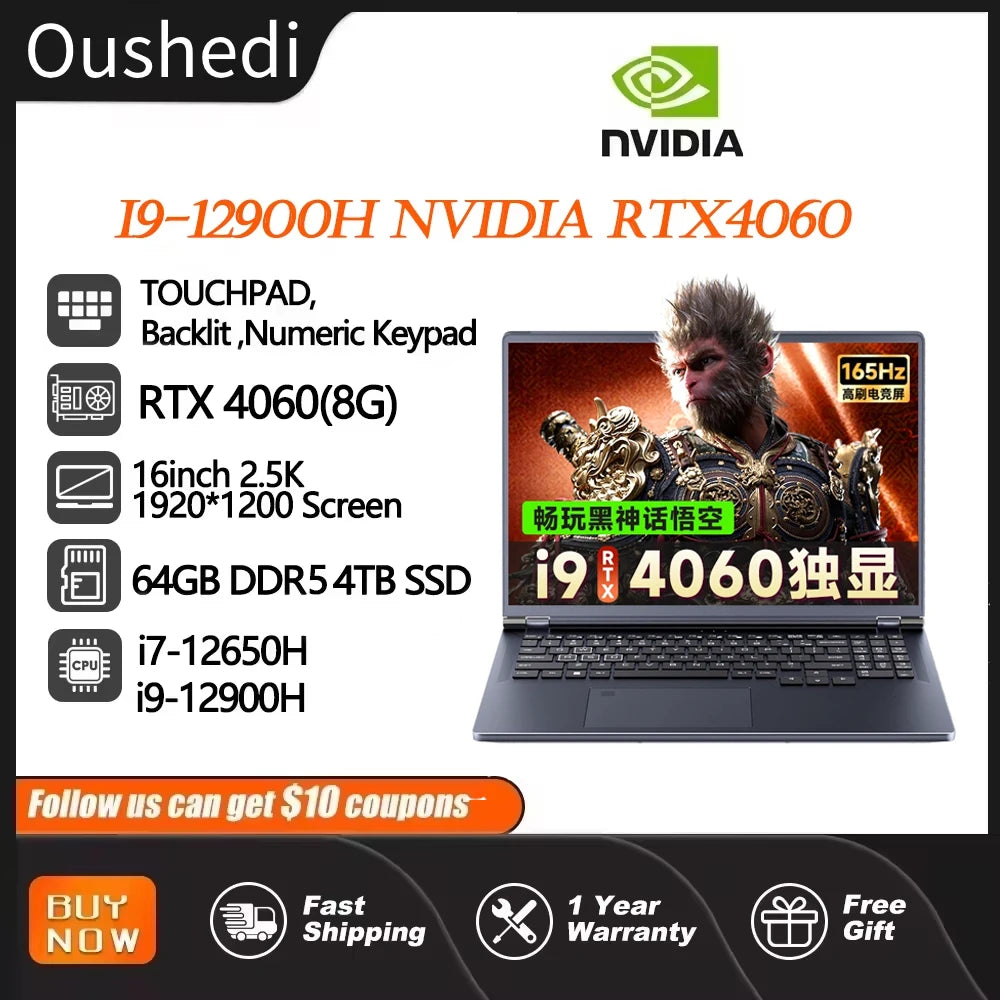 Gaming laptop with 16-inch display, Intel Core i9, NVIDIA RTX 4060, 64GB RAM, 4TB SSD, Windows 11, HD camera, WiFi 6