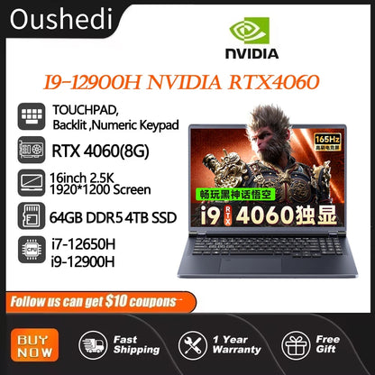Gaming laptop with 16-inch display, Intel Core i9, NVIDIA RTX 4060, 64GB RAM, 4TB SSD, Windows 11, HD camera, WiFi 6