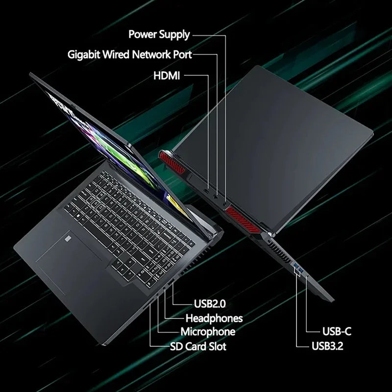 16-inch gaming laptop with Intel Core i9, NVIDIA RTX 4060, 64GB RAM, 4TB SSD, Windows 11, HD camera, WiFi 6, portable design
