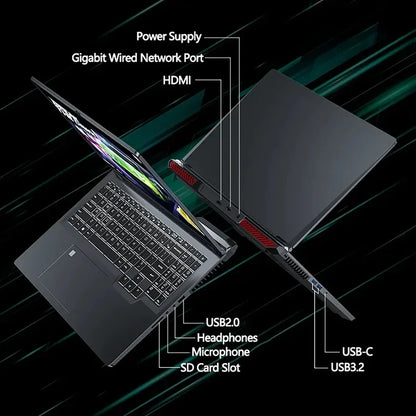 16-inch gaming laptop with Intel Core i9, NVIDIA RTX 4060, 64GB RAM, 4TB SSD, Windows 11, HD camera, WiFi 6, portable design