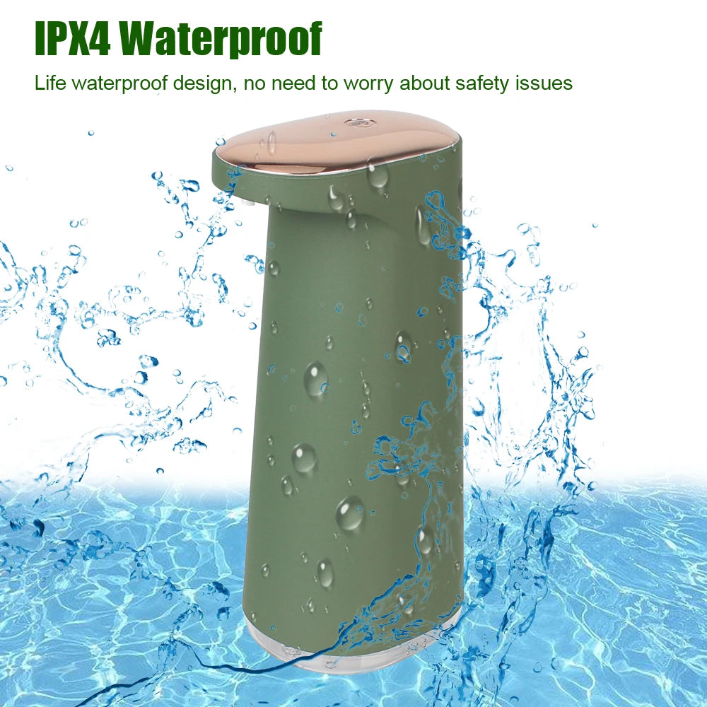 Deep green 450ml foam liquid soap dispenser by BackupMyFilesNow.com, touchless, hand-free, USB rechargeable, for bathroom and kitchen use.