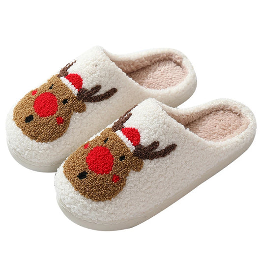 Christmas Deer slippers by BackupMyFilesNow.com, warm plush winter platform house slippers with anti-slip soles for women and men.