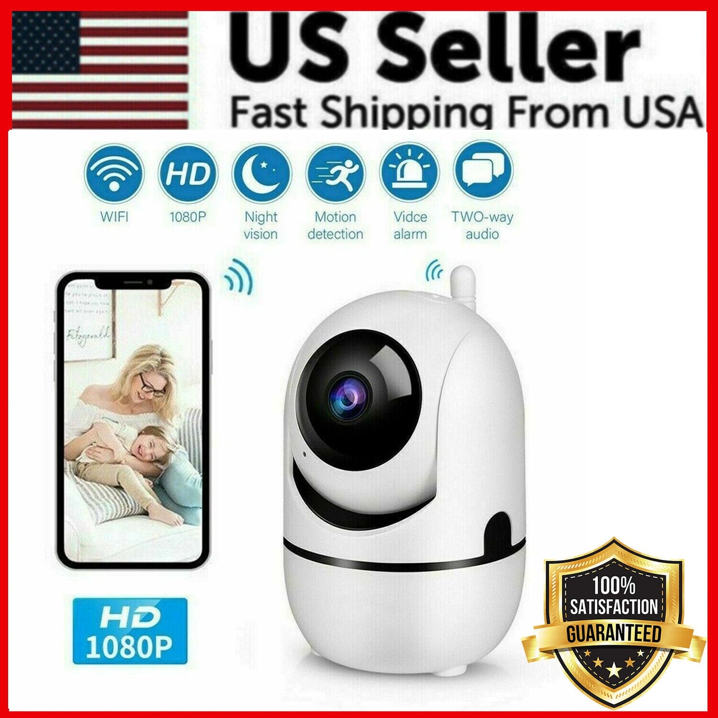 1080P WiFi wireless indoor security camera with night vision, baby and pet monitor, compact design for home security.