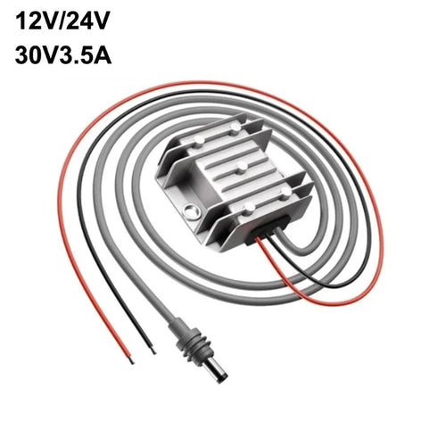 12V/24V to 30V DC power booster converter for Starlink Mini, 3.5A, compact device with input and output ports.