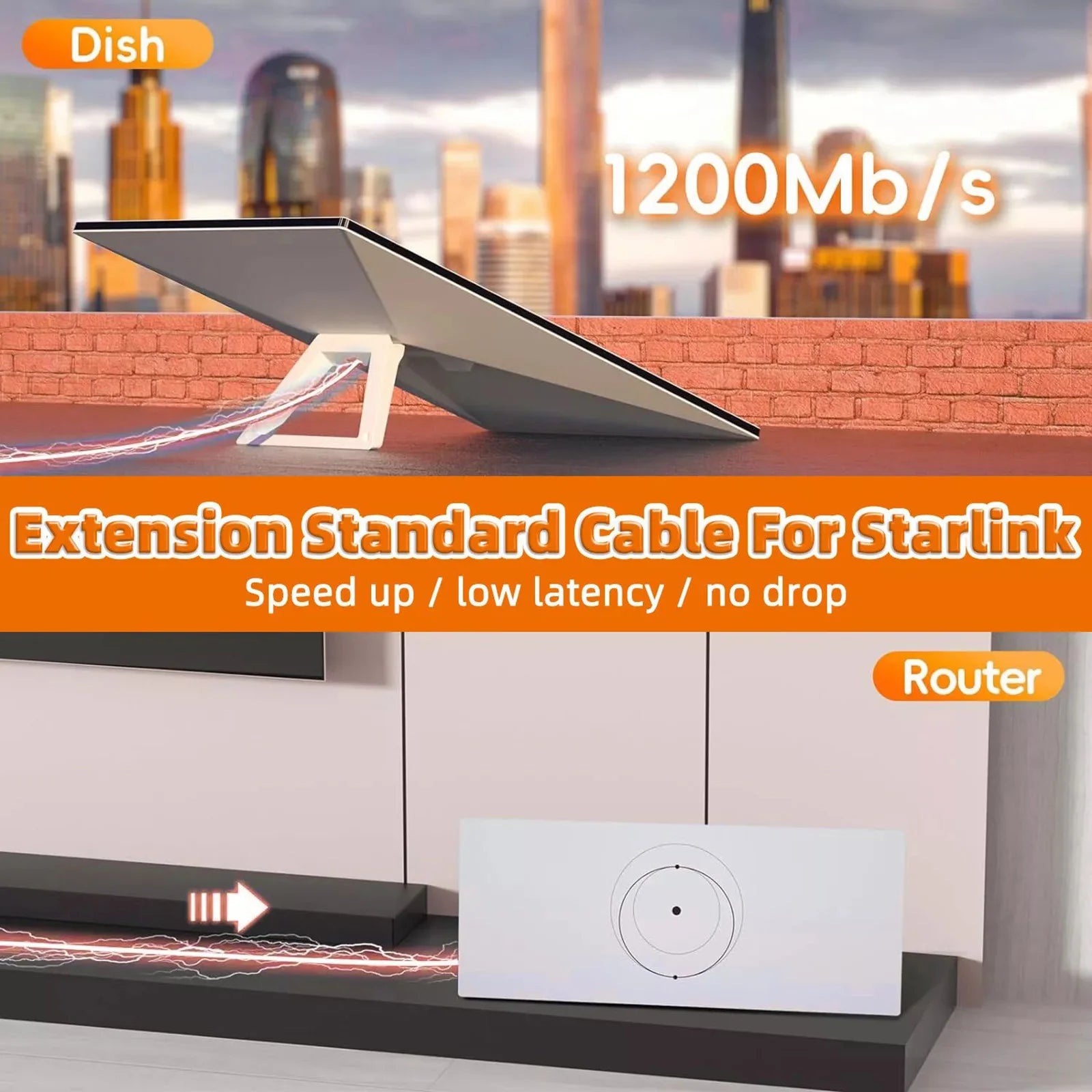 10m waterproof Ethernet extension cable for Starlink V3, RJ45 connector, ideal for Starlink Gen 3, 1200Mbps data transfer.
