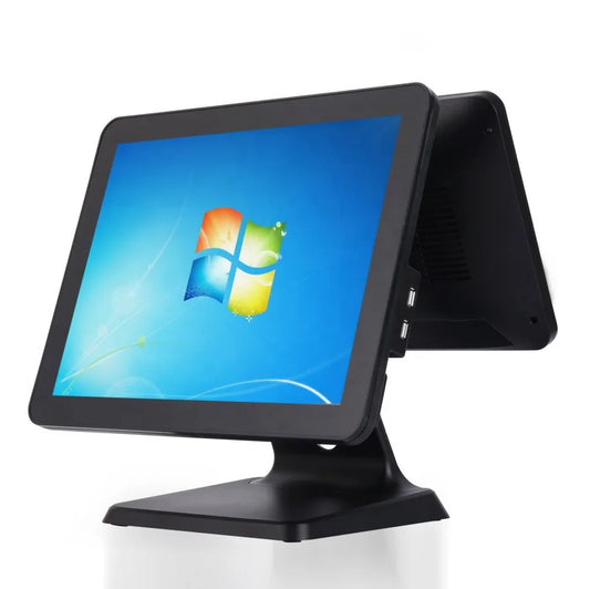 Dual-screen all-in-one POS system by BackupMyFilesNow.com, featuring a modern design with dual displays for retail or hospitality use.