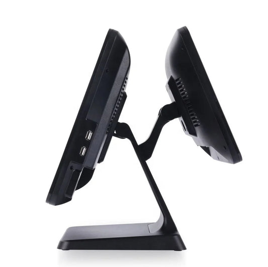 Dual-screen all-in-one POS system by BackupMyFilesNow.com, featuring modern design and dual displays for retail or hospitality use.