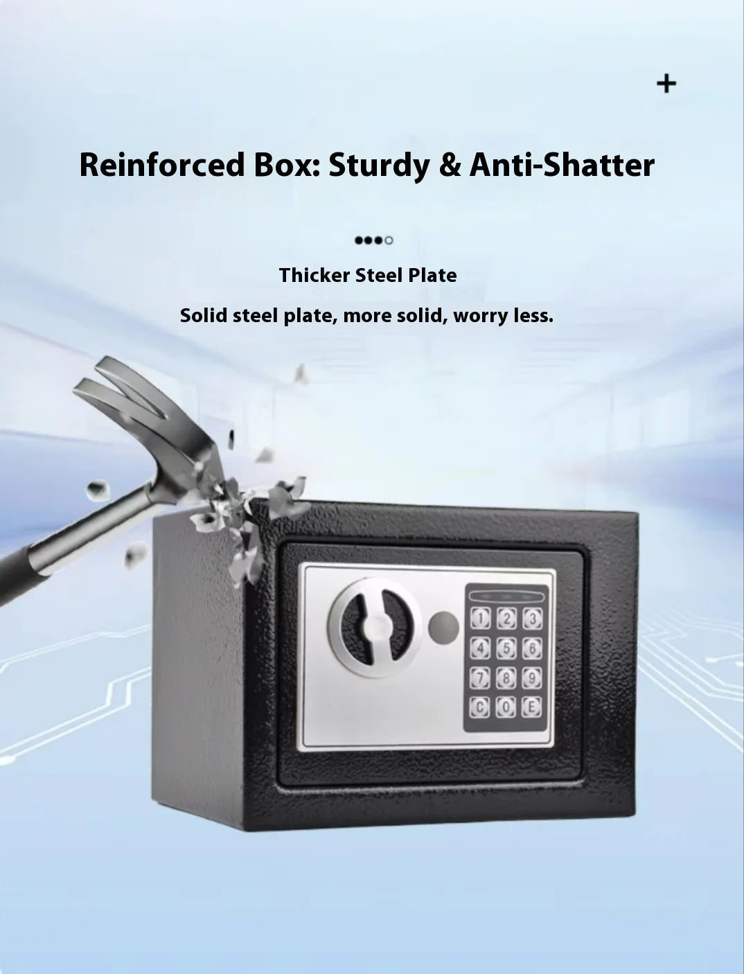 All-steel digital keypad lock safe by BackupMyFilesNow.com, compact security box for home or office with password and key access.