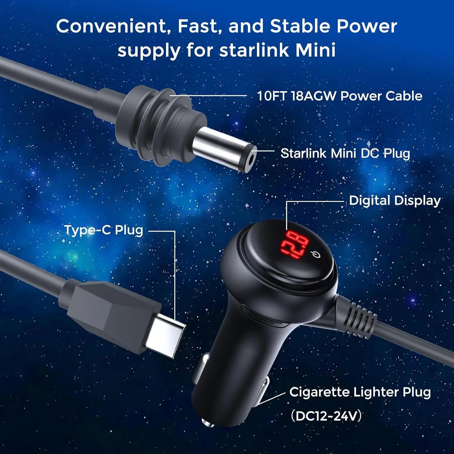 3-in-1 Starlink Mini Cable by BACKUPMYFILESNOW.COM, high-speed USB-C, car charger, and DC to DC replacement power cable.