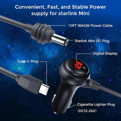 3-in-1 Starlink Mini Cable by BACKUPMYFILESNOW.COM, high-speed USB-C, car charger, and DC to DC replacement power cable.