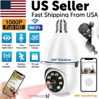 Wireless IP E27 light bulb camera with 1080P HD, night vision, Wi-Fi, smart home security, and IR night vision.