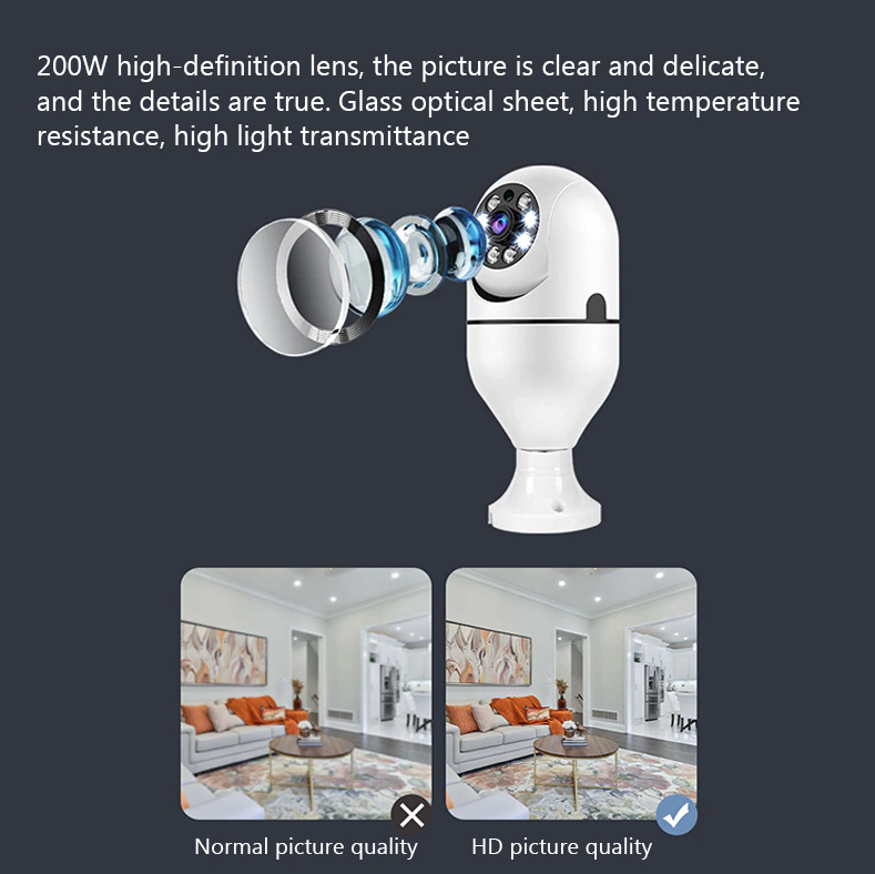 Wi-Fi E27 light bulb camera with 1080P resolution, IR night vision, and smart home security for wireless surveillance.