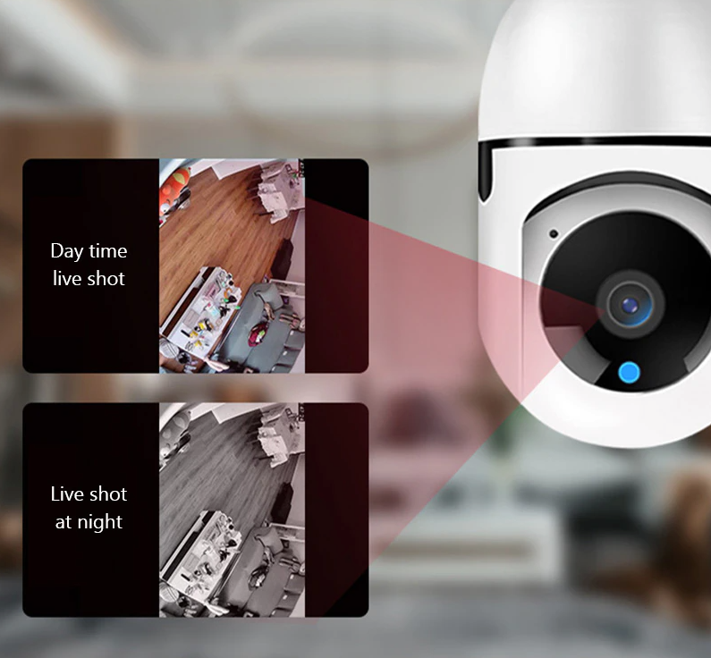 Wi-Fi E27 light bulb camera with 1080P resolution, IR night vision, and smart home security features.
