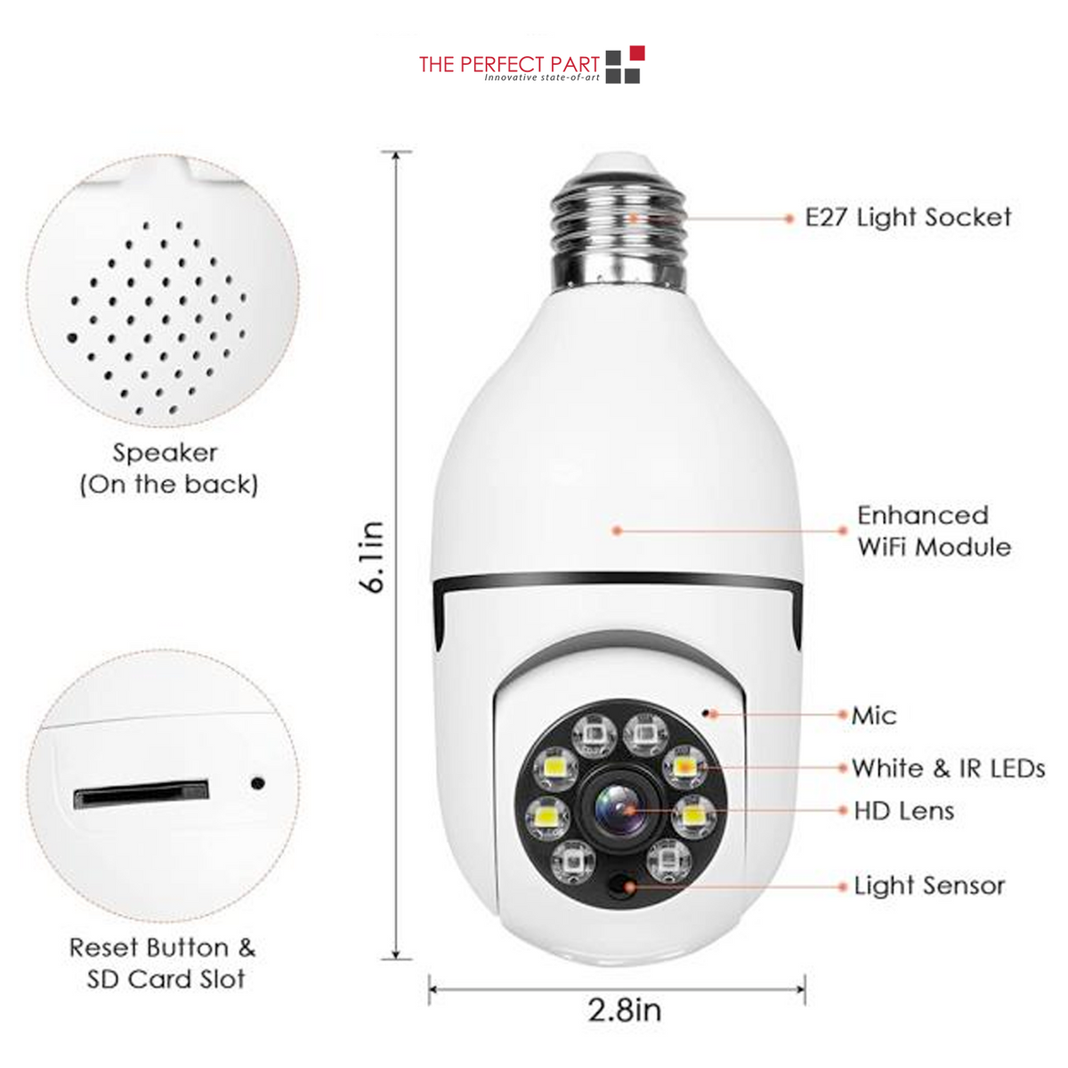 Wireless E27 light bulb camera with 1080P HD resolution, IR night vision, Wi-Fi connectivity, and smart home security features.