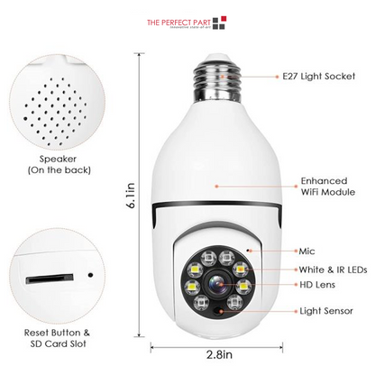 Wireless E27 light bulb camera with 1080P HD resolution, IR night vision, Wi-Fi connectivity, and smart home security features.