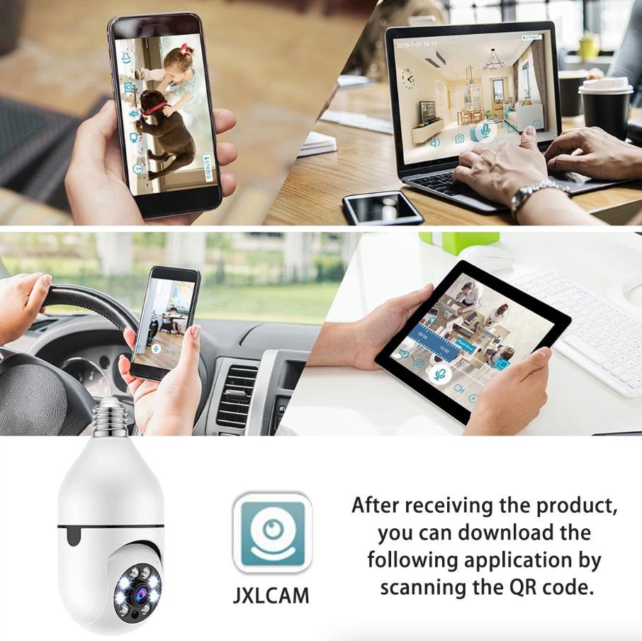 Wireless 360° 1080P IP E27 light bulb camera with Wi-Fi, IR night vision, ideal for smart home security.