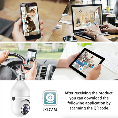 Wireless 360° 1080P IP E27 light bulb camera with Wi-Fi, IR night vision, ideal for smart home security.