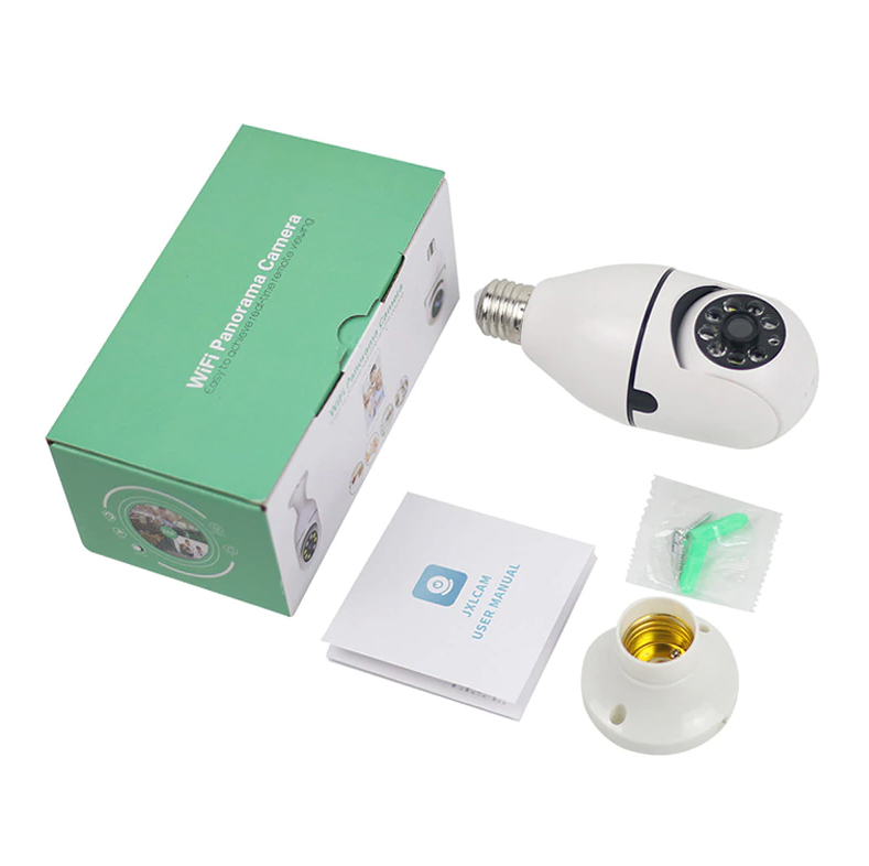 Wi-Fi E27 light bulb camera by BackupMyFilesNow.com showing a 360° 1080P security camera with IR night vision for smart home security.
