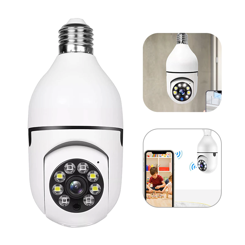 Wi-Fi E27 light bulb camera with 1080P resolution, infrared night vision, and smart home wireless security features.