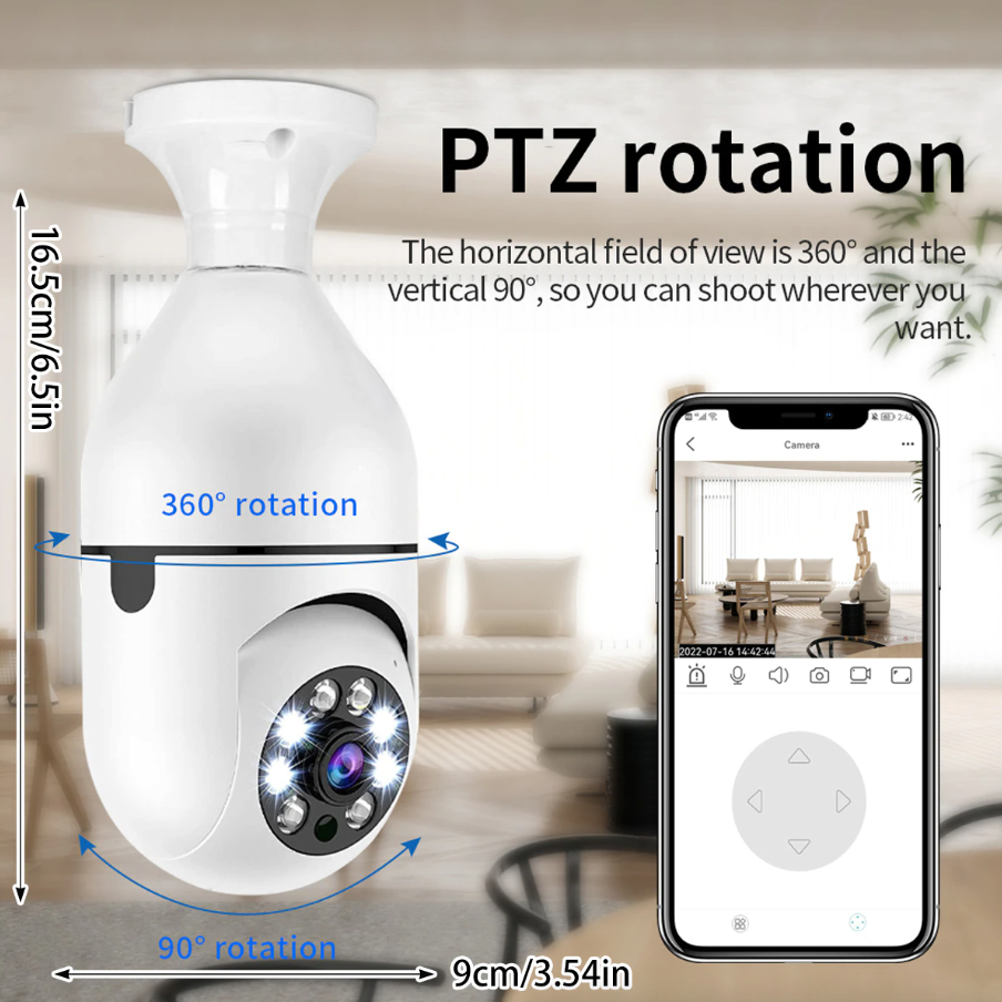 Wireless E27 light bulb camera with 1080P HD, IR night vision, Wi-Fi security for smart home monitoring.