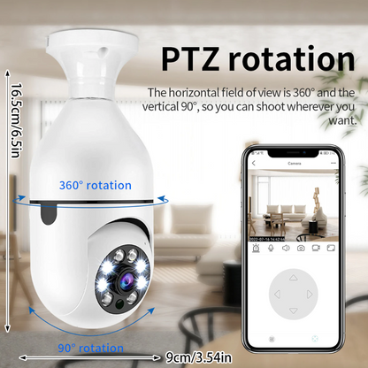 Wireless E27 light bulb camera with 1080P HD, IR night vision, Wi-Fi security for smart home monitoring.