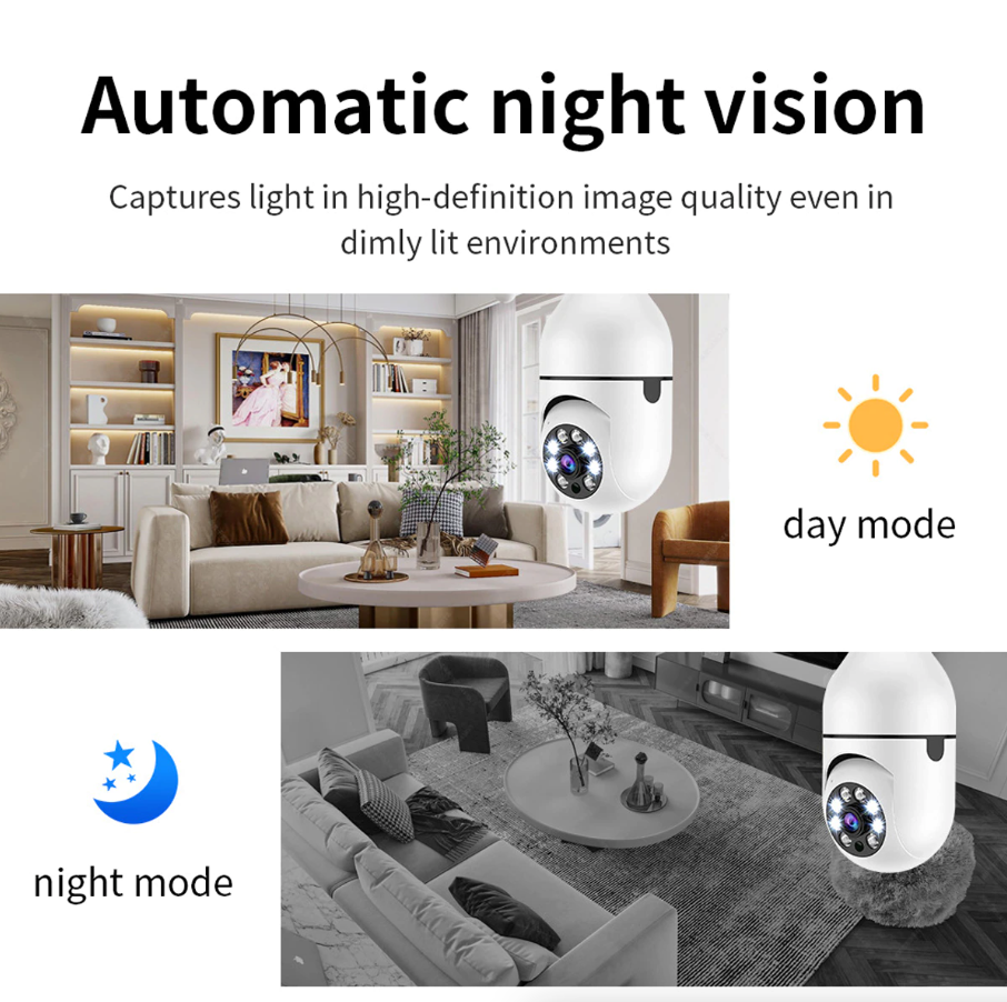 360° 1080P Wi-Fi IP E27 light bulb camera with IR night vision for smart home security and wireless surveillance.
