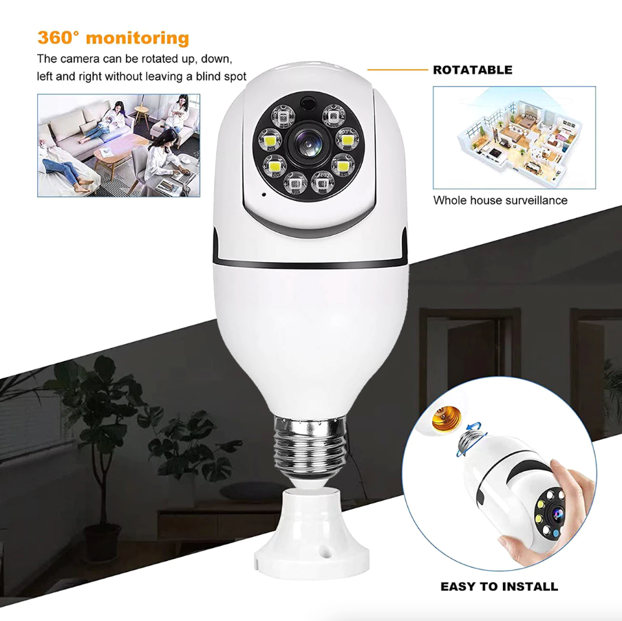 E27 smart Wi-Fi security camera bulb with 1080P resolution, IR night vision, and 360-degree viewing for home security.