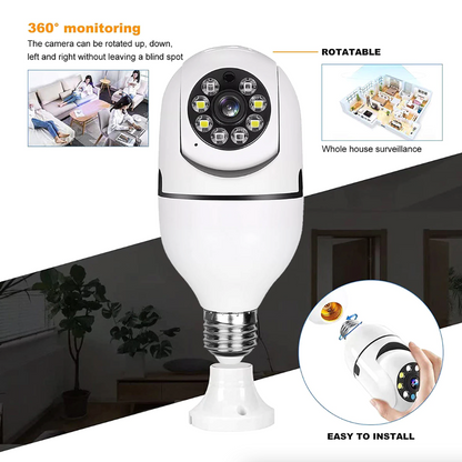 E27 smart Wi-Fi security camera bulb with 1080P resolution, IR night vision, and 360-degree viewing for home security.