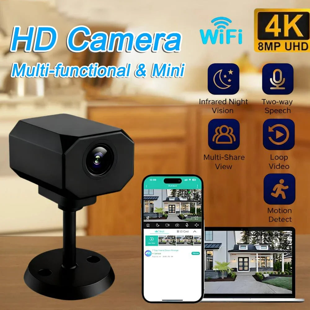 Mini 4K HD WiFi security camera for indoor home monitoring, portable smart IP surveillance with app remote access.