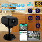 Mini 4K HD WiFi security camera for indoor home monitoring, portable smart IP surveillance with app remote access.