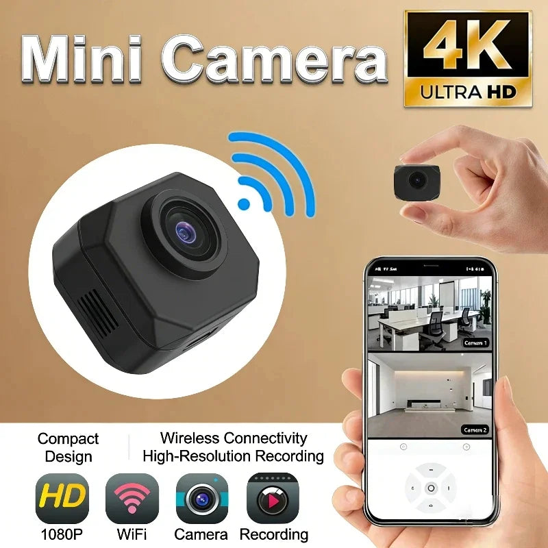 4K HD WiFi security camera for home, mini smart indoor IP surveillance with remote app monitoring, portable design.