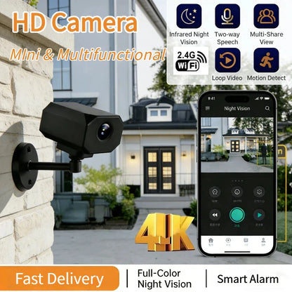 Indoor 4K HD WiFi security camera with night vision, motion detection, 2-way audio, compact design, and remote monitoring.