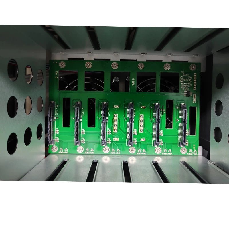 Six-bay HDD SATA backplane for NAS case, compatible with 6GB drives, designed for BackupMyFilesNow.com storage solutions.