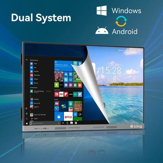 75-inch 4K smart LCD touchscreen monitor for teaching and conference use, with Wi-Fi connectivity and interactive flat panel display.