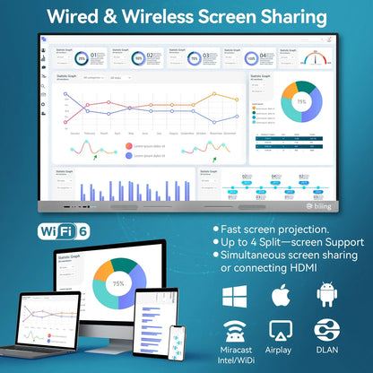 75-inch 4K smart LCD interactive flat panel touchscreen for teaching and conference use, featuring Wi-Fi connectivity.