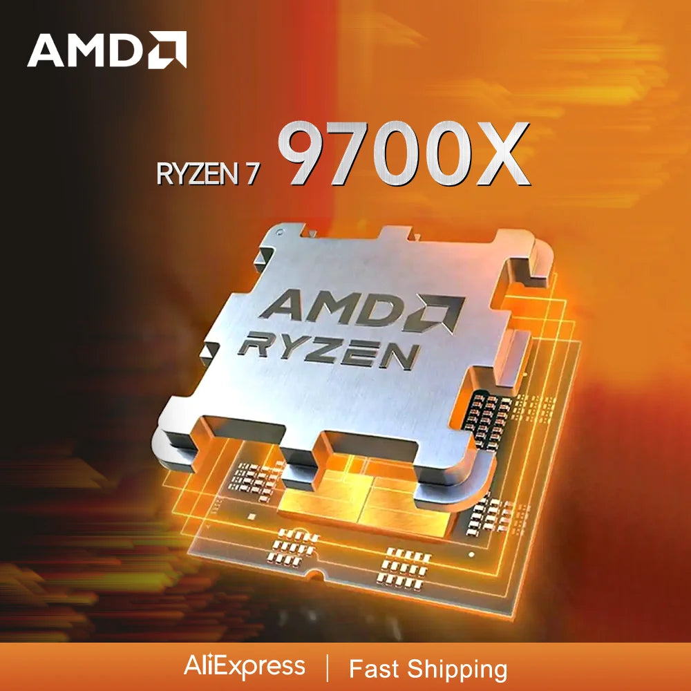 AMD Ryzen 7 9700X gaming CPU processor with 8 cores, 16 threads, 40MB cache, socket AM5, 5.5GHz, 4nm, 65W TDP, without fan.