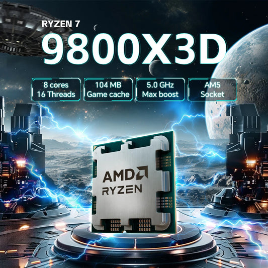 AMD Ryzen 7 9800X3D 8-core 16-thread processor with DDR5 socket AM5, 4.7GHz speed, no cooling fan included.