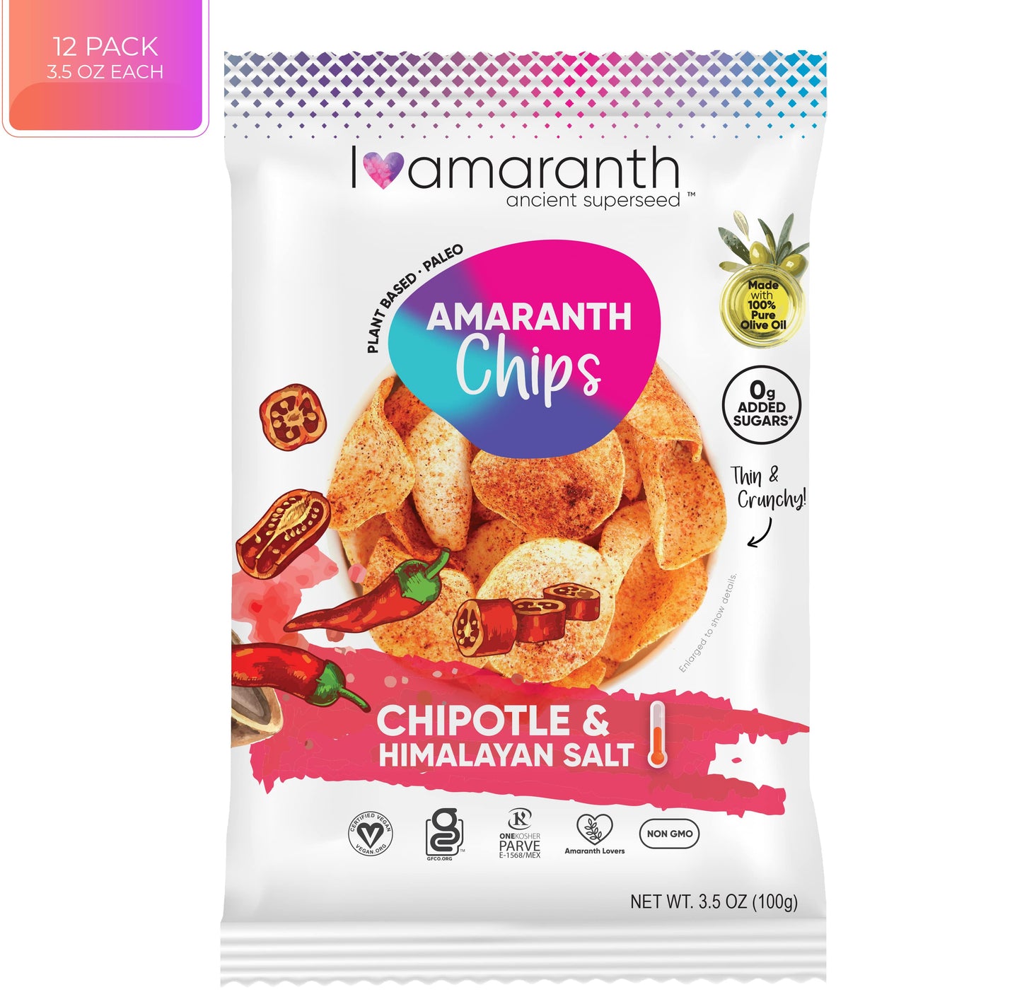 Pack of 12 BACKUPMYFILESNOW.COM® Chipotle and Himalayan Salt Chips, 3.5 oz each, crispy snack with smoky and salty flavors.