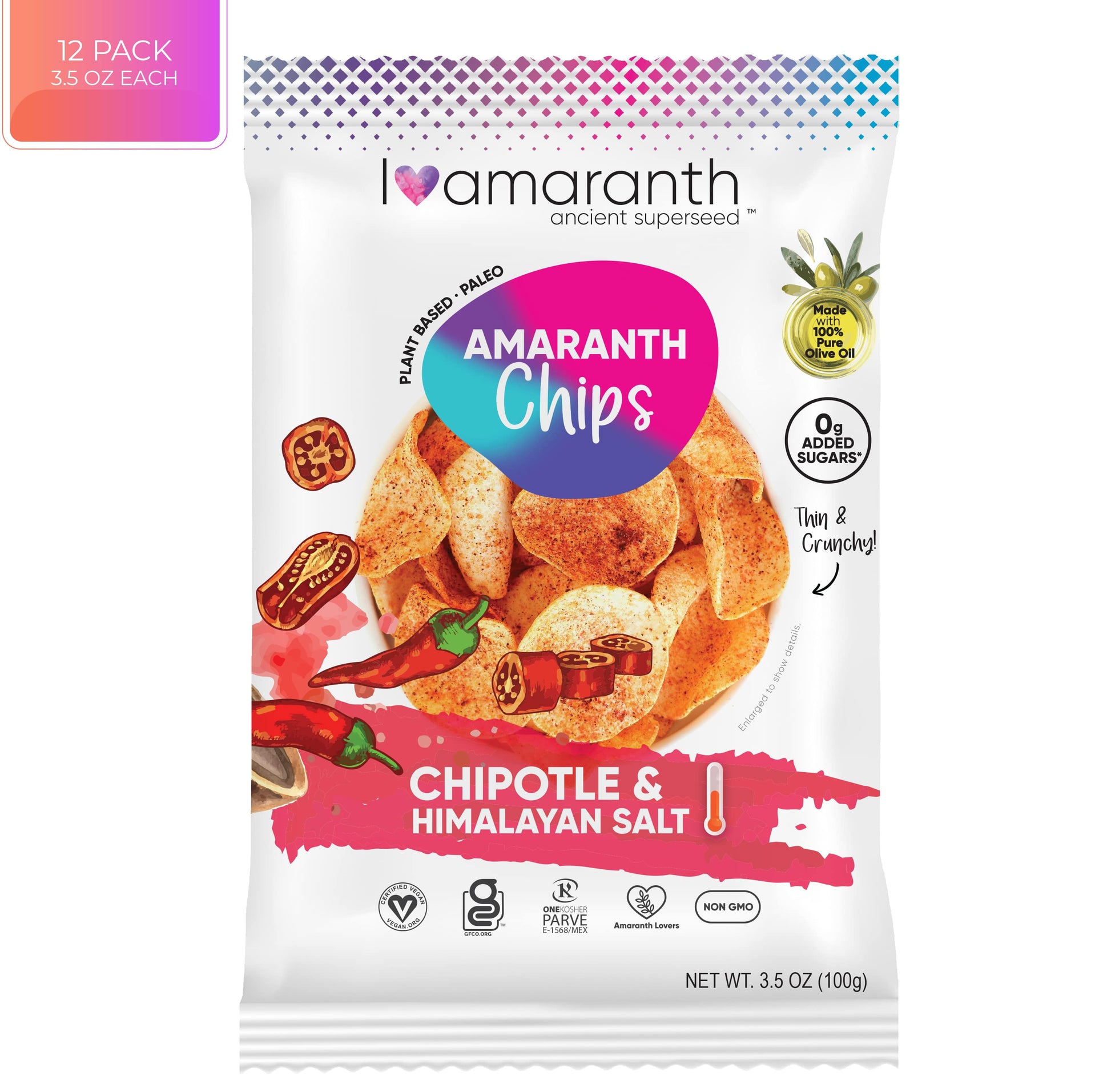 Pack of 12 BACKUPMYFILESNOW.COM® Chipotle and Himalayan Salt Chips, 3.5 oz each, crispy snack with smoky and salty flavors.