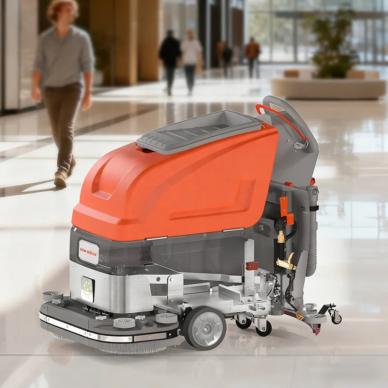 Commercial electric ride-on floor sweeper scrubber machine by BACKUPMYFILESNOW.COM® cleaning parking lots, malls, and warehouses.